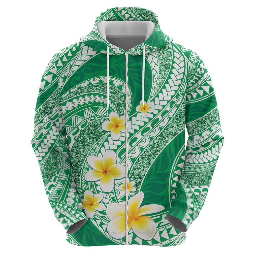 Plumeria Polynesian Green Glitter Pattern Zip Hoodie LT01 - Polynesian Pride