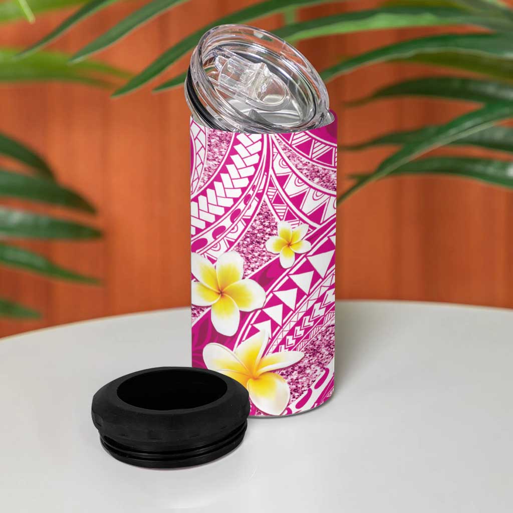 Plumeria Polynesian Pink Glitter Pattern 4 in 1 Can Cooler Tumbler