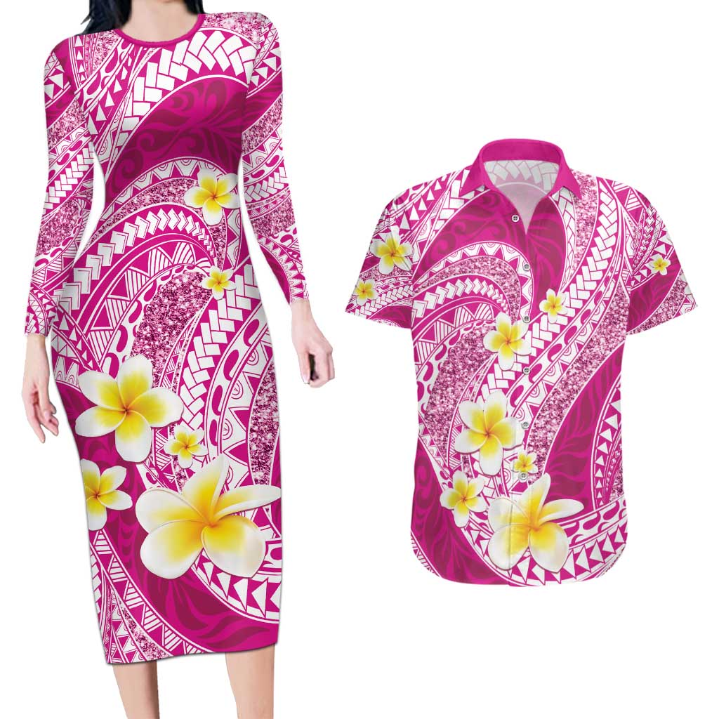 Plumeria Polynesian Pink Glitter Pattern Couples Matching Long Sleeve Bodycon Dress and Hawaiian Shirt