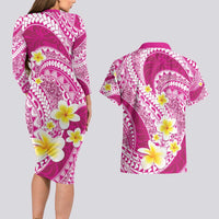 Plumeria Polynesian Pink Glitter Pattern Couples Matching Long Sleeve Bodycon Dress and Hawaiian Shirt