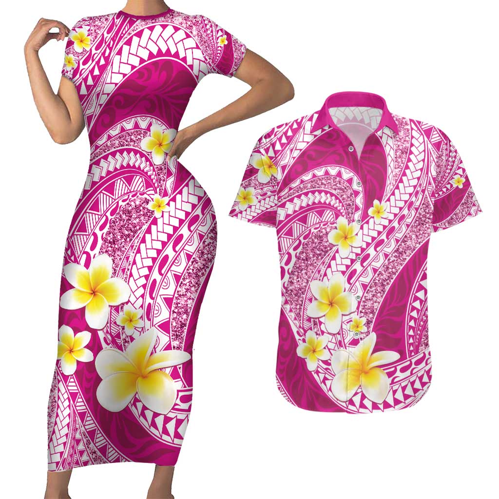 Plumeria Polynesian Pink Glitter Pattern Couples Matching Short Sleeve Bodycon Dress and Hawaiian Shirt