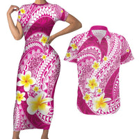 Plumeria Polynesian Pink Glitter Pattern Couples Matching Short Sleeve Bodycon Dress and Hawaiian Shirt