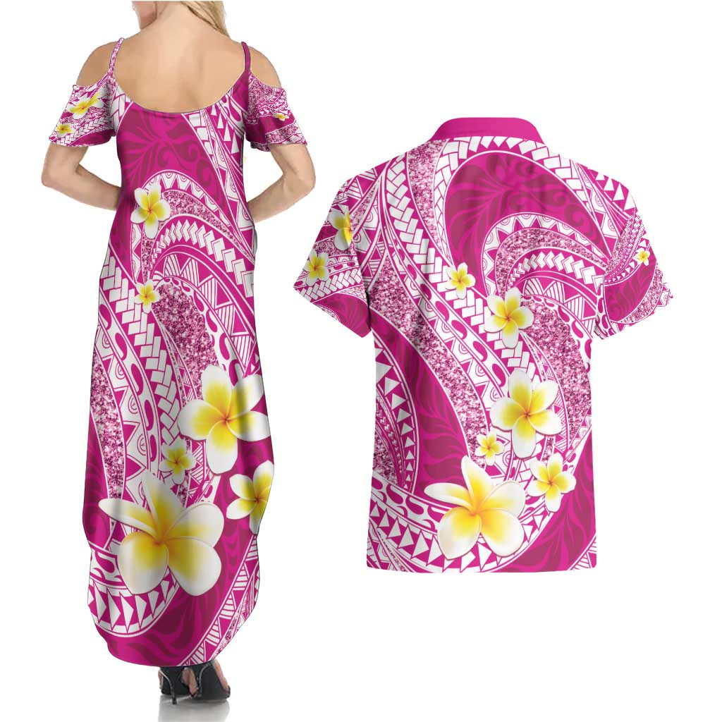 Plumeria Polynesian Pink Glitter Pattern Couples Matching Summer Maxi Dress and Hawaiian Shirt