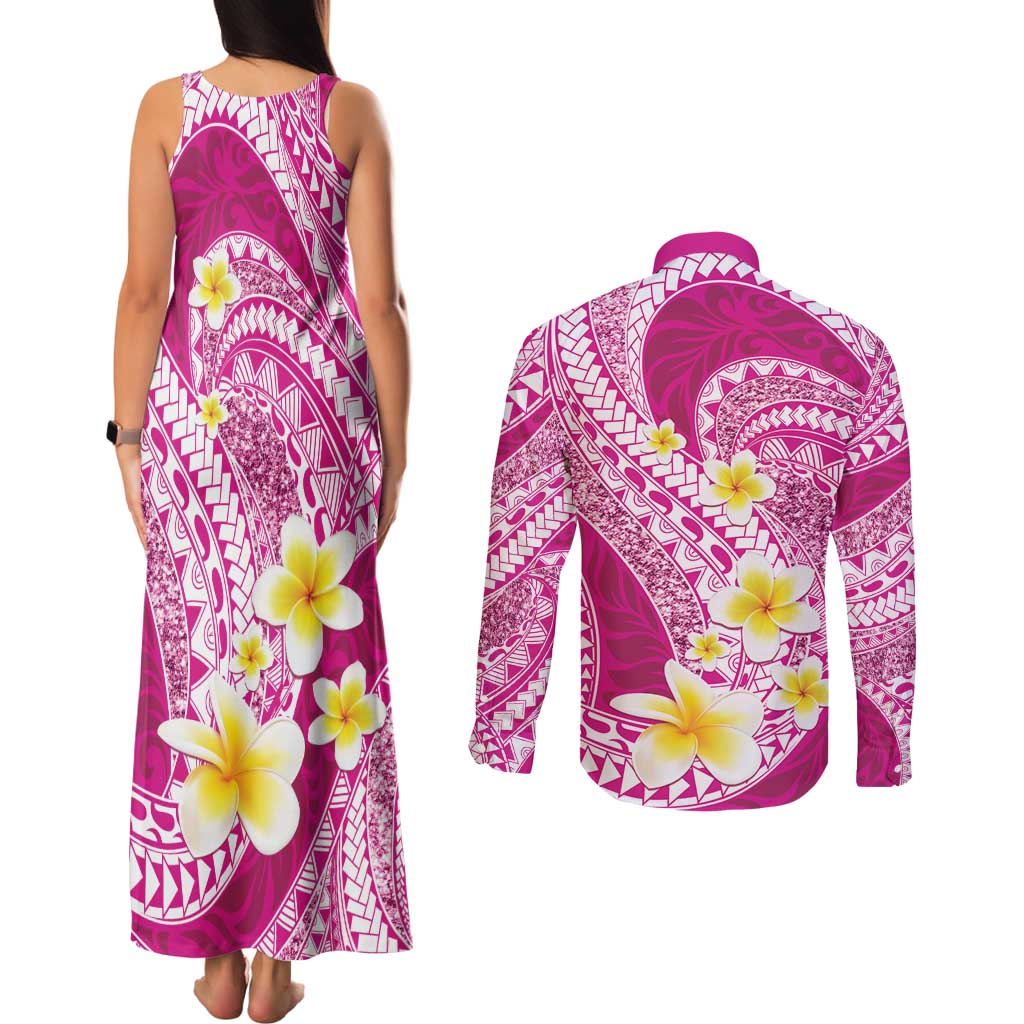 Plumeria Polynesian Pink Glitter Pattern Couples Matching Tank Maxi Dress and Long Sleeve Button Shirt LT01 - Polynesian Pride