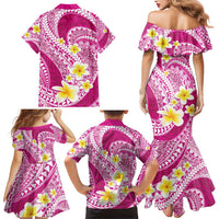 Plumeria Polynesian Pink Glitter Pattern Family Matching Mermaid Dress and Hawaiian Shirt