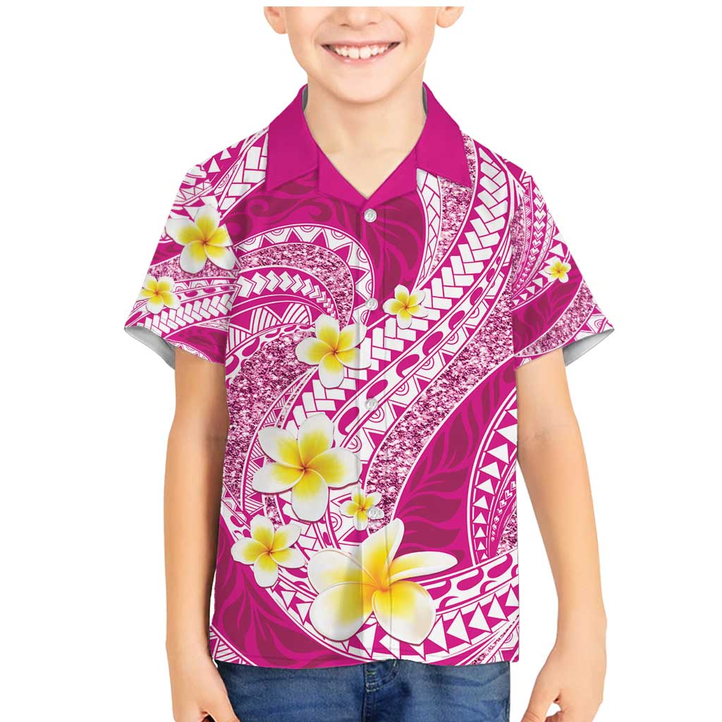 Plumeria Polynesian Pink Glitter Pattern Family Matching Mermaid Dress and Hawaiian Shirt