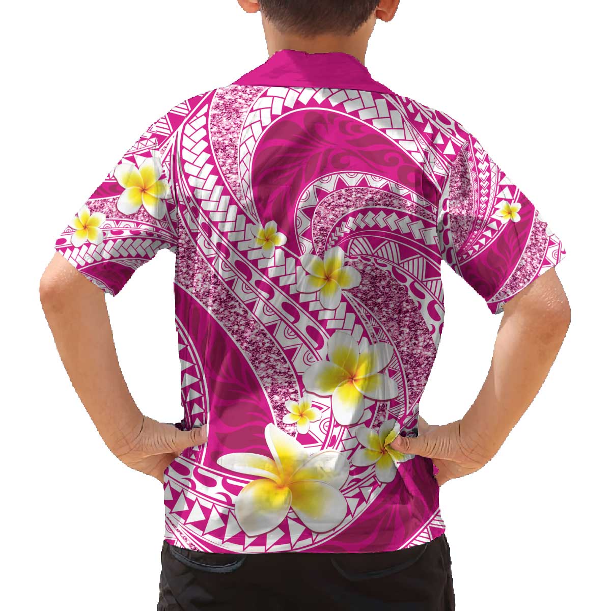 Plumeria Polynesian Pink Glitter Pattern Family Matching Off The Shoulder Long Sleeve Dress and Hawaiian Shirt