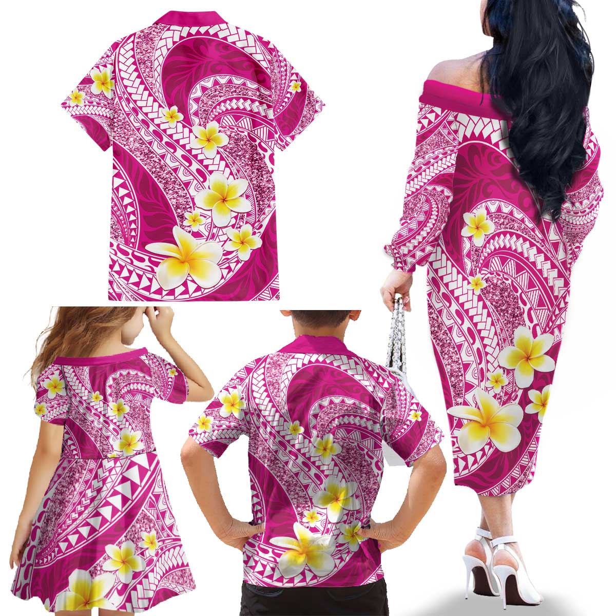 Plumeria Polynesian Pink Glitter Pattern Family Matching Off The Shoulder Long Sleeve Dress and Hawaiian Shirt