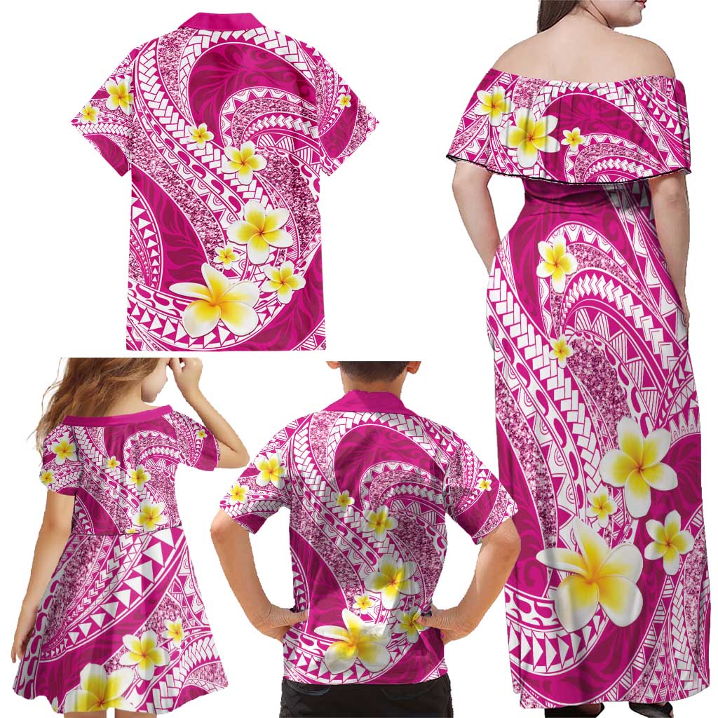 Plumeria Polynesian Pink Glitter Pattern Family Matching Off Shoulder Maxi Dress and Hawaiian Shirt