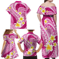 Plumeria Polynesian Pink Glitter Pattern Family Matching Off Shoulder Maxi Dress and Hawaiian Shirt