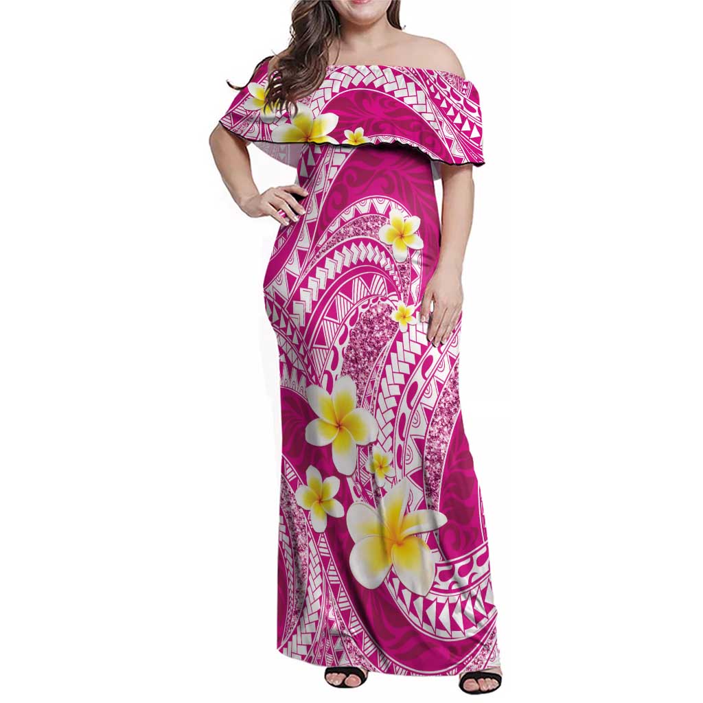 Plumeria Polynesian Pink Glitter Pattern Family Matching Off Shoulder Maxi Dress and Hawaiian Shirt