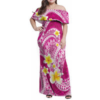 Plumeria Polynesian Pink Glitter Pattern Family Matching Off Shoulder Maxi Dress and Hawaiian Shirt