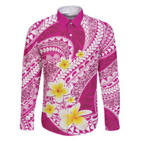 Plumeria Polynesian Pink Glitter Pattern Family Matching Off Shoulder Short Dress and Hawaiian Shirt