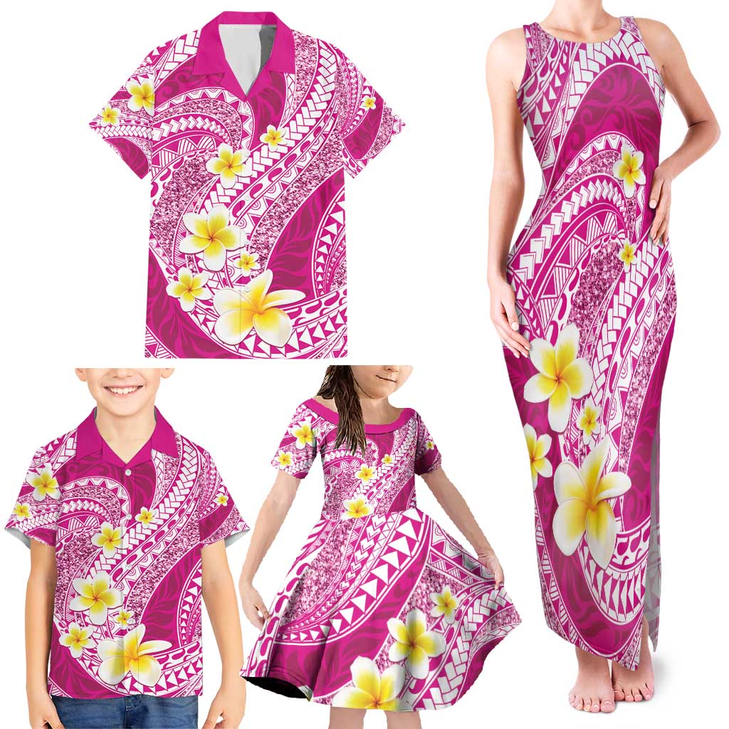 Plumeria Polynesian Pink Glitter Pattern Family Matching Tank Maxi Dress and Hawaiian Shirt