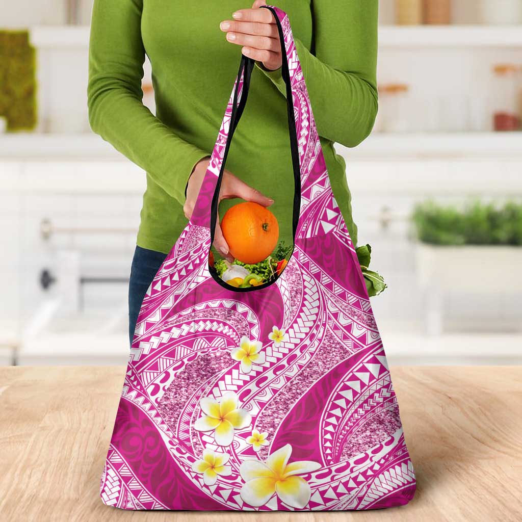 Plumeria Polynesian Pink Glitter Pattern Grocery Bag