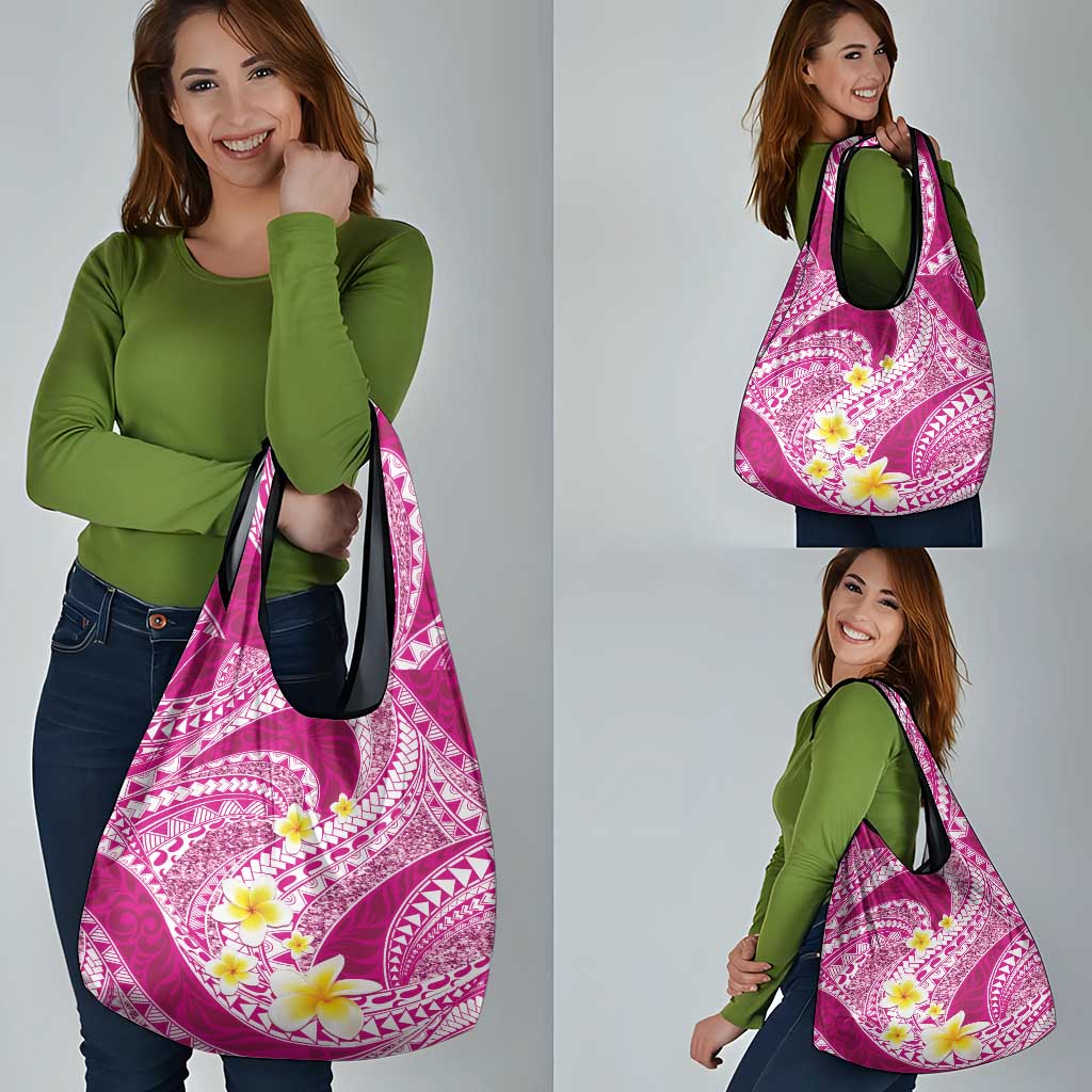 Plumeria Polynesian Pink Glitter Pattern Grocery Bag