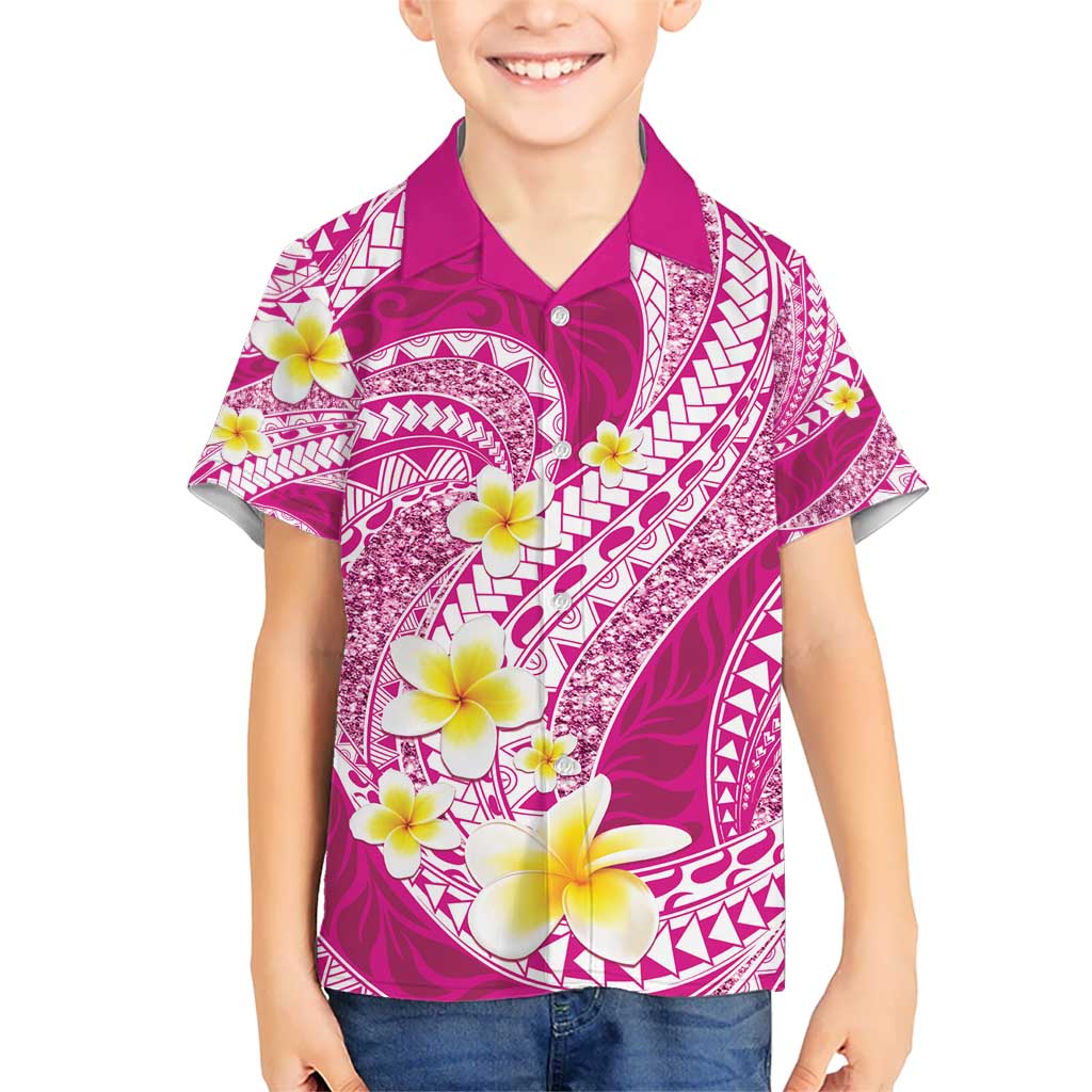 Plumeria Polynesian Pink Glitter Pattern Kid Hawaiian Shirt