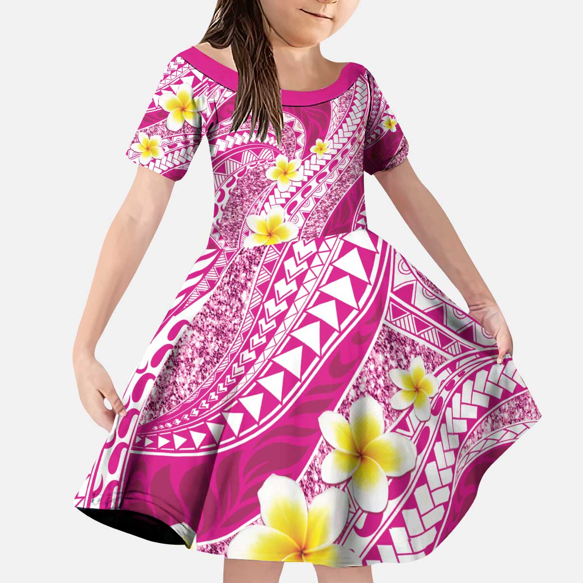 Plumeria Polynesian Pink Glitter Pattern Kid Short Sleeve Dress LT01 KID Pink - Polynesian Pride