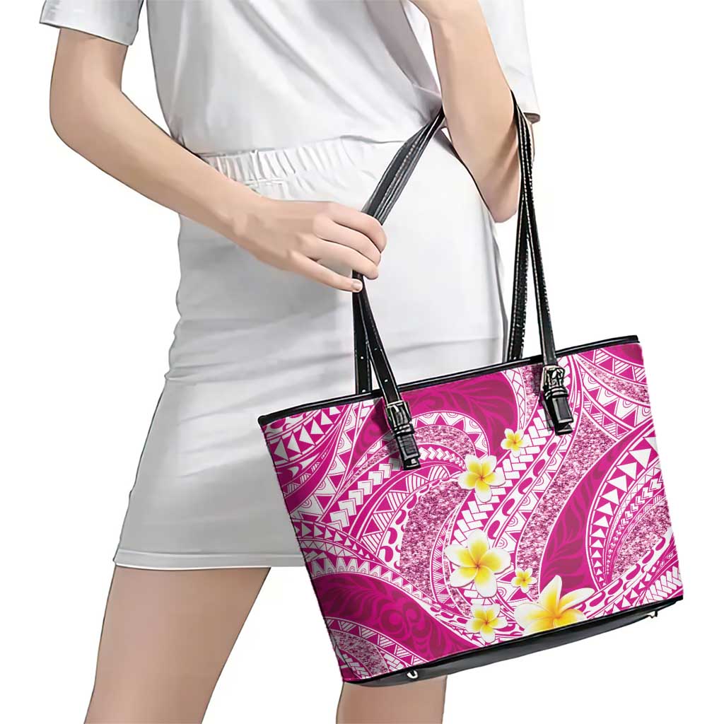Plumeria Polynesian Pink Glitter Pattern Leather Tote Bag