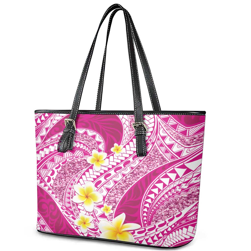 Plumeria Polynesian Pink Glitter Pattern Leather Tote Bag