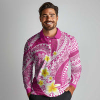 Plumeria Polynesian Pink Glitter Pattern Long Sleeve Polo Shirt