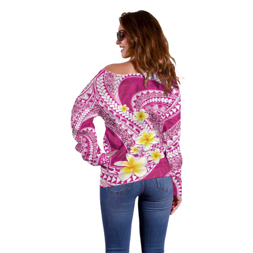 Plumeria Polynesian Pink Glitter Pattern Off Shoulder Sweater