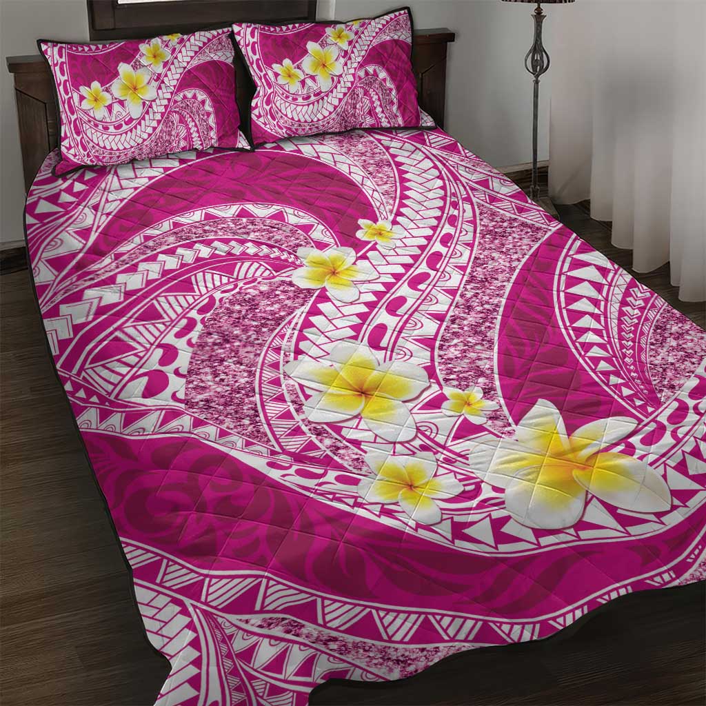 Plumeria Polynesian Pink Glitter Pattern Quilt Bed Set