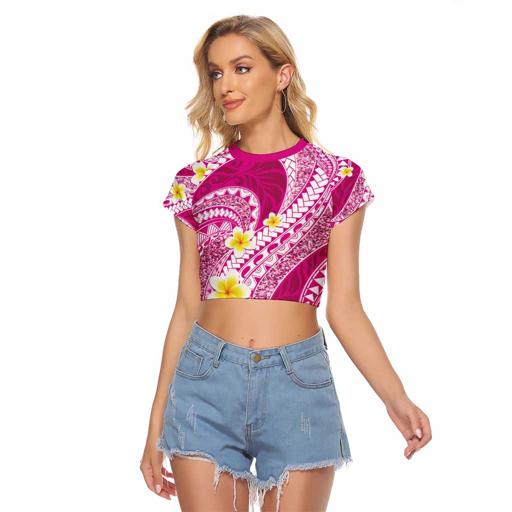 Plumeria Polynesian Pink Glitter Pattern Raglan Cropped T Shirt