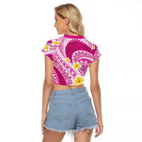 Plumeria Polynesian Pink Glitter Pattern Raglan Cropped T Shirt