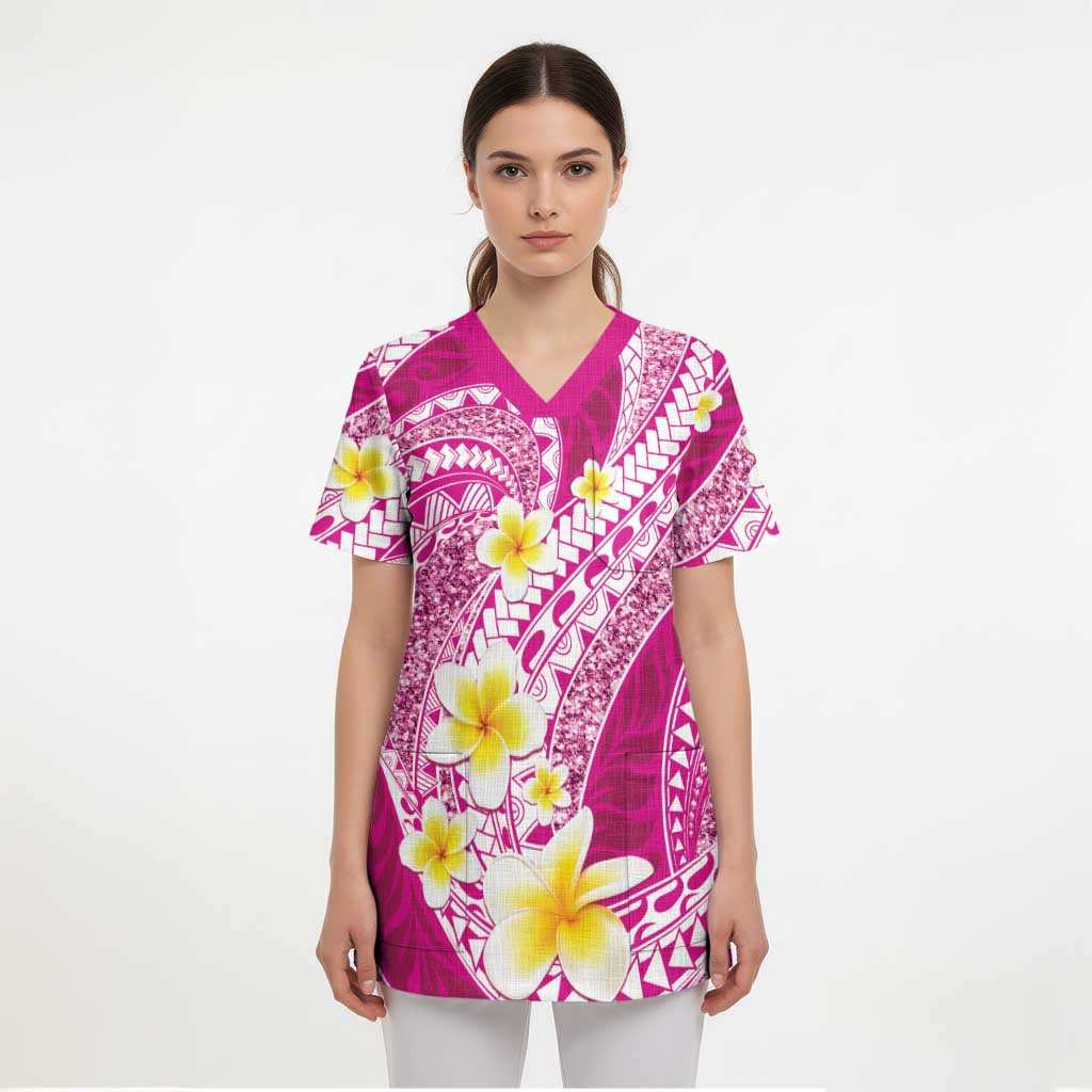 Plumeria Polynesian Pink Glitter Pattern Scrub Top - Polynesian Pride