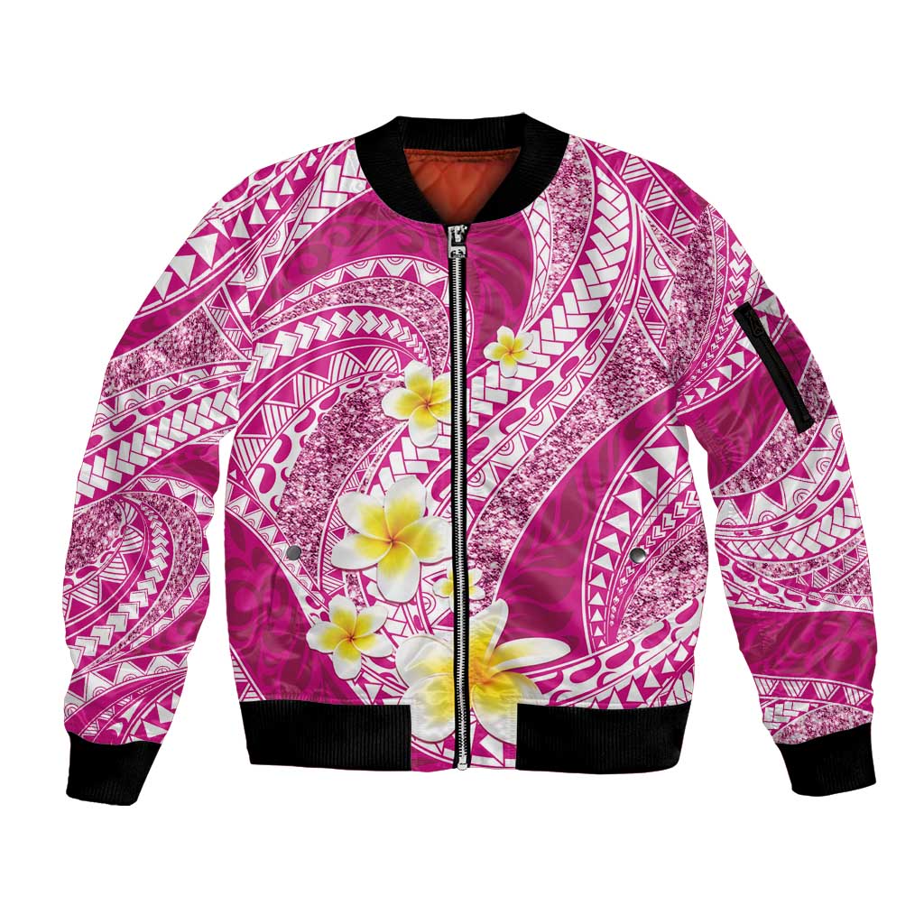 Plumeria Polynesian Pink Glitter Pattern Sleeve Zip Bomber Jacket LT01 Unisex Pink - Polynesian Pride