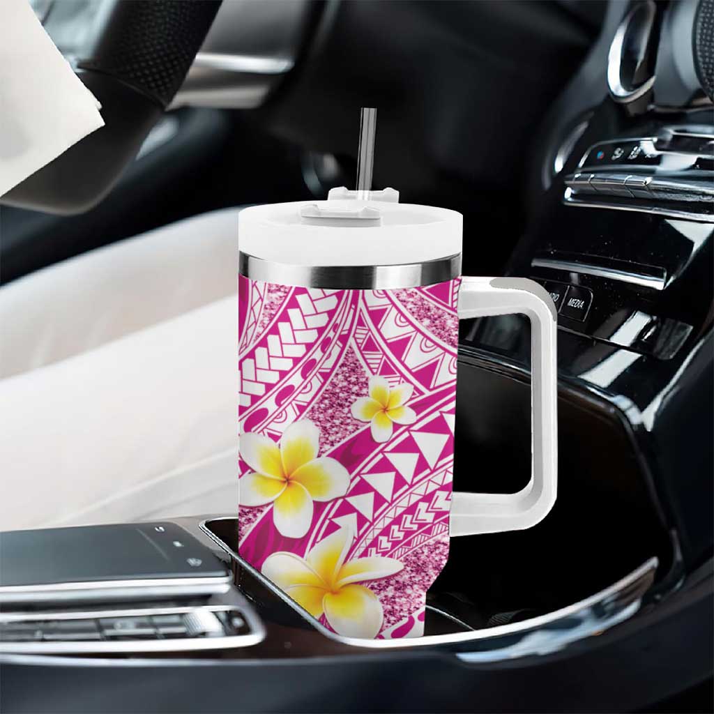 Plumeria Polynesian Pink Glitter Pattern Tumbler With Handle