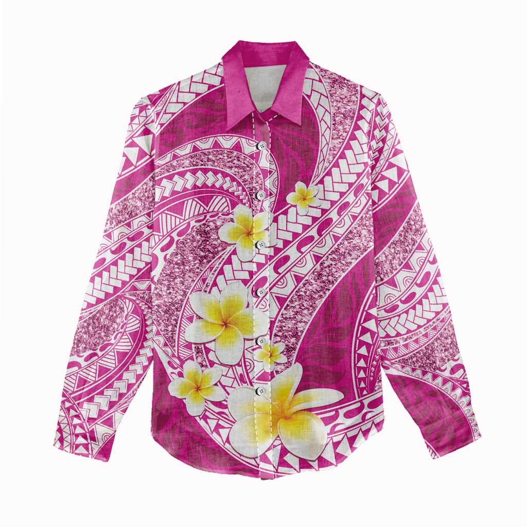Plumeria Polynesian Pink Glitter Pattern Women Casual Shirt