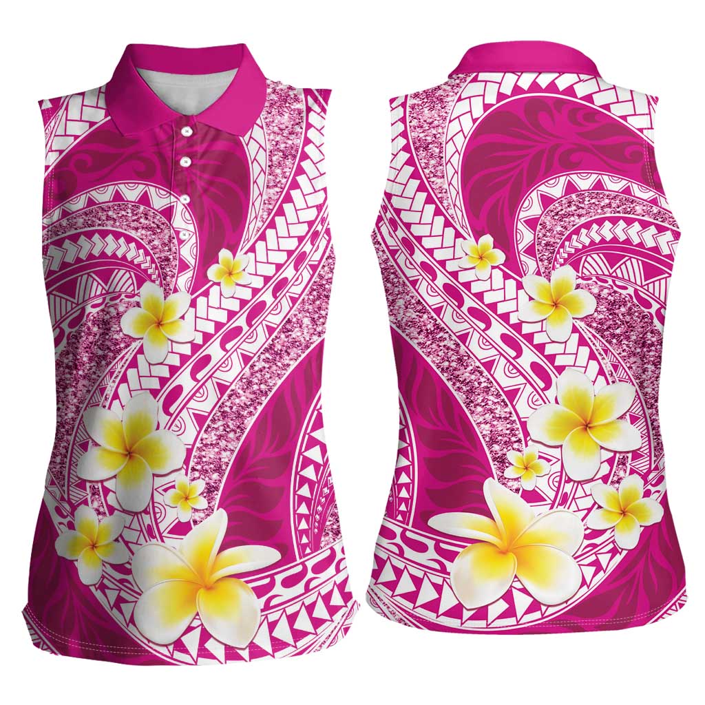 Plumeria Polynesian Pink Glitter Pattern Women Sleeveless Polo Shirt
