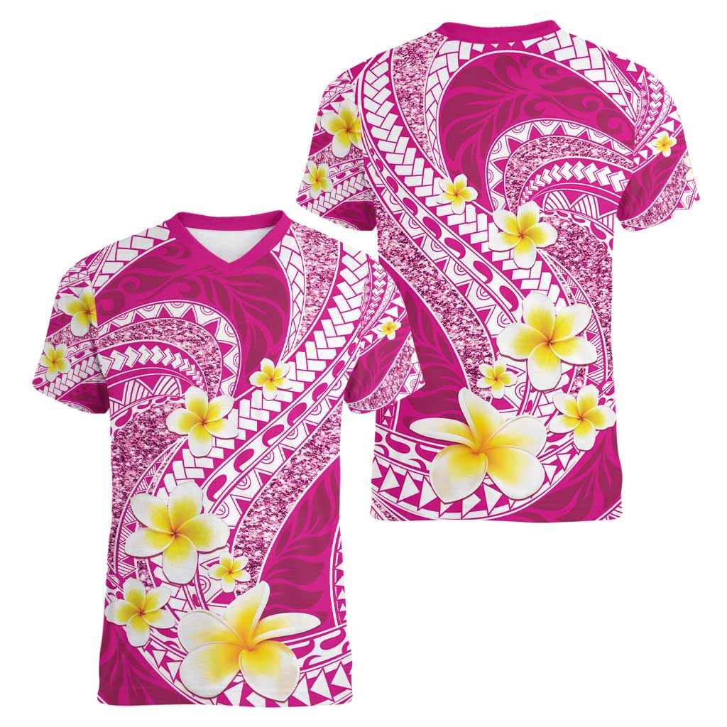 Plumeria Polynesian Pink Glitter Pattern Women V-Neck T-Shirt