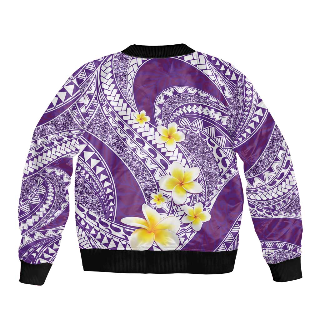 Plumeria Polynesian Purple Glitter Pattern Bomber Jacket