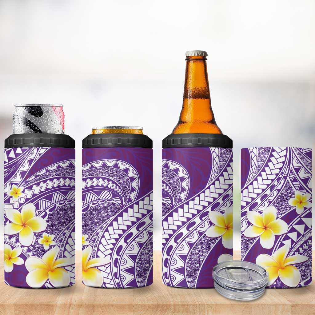 Plumeria Polynesian Purple Glitter Pattern 4 in 1 Can Cooler Tumbler