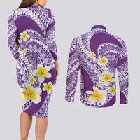 Plumeria Polynesian Purple Glitter Pattern Couples Matching Long Sleeve Bodycon Dress and Long Sleeve Button Shirt LT01 - Polynesian Pride