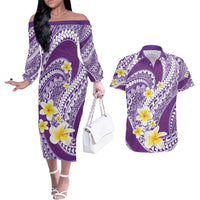 Plumeria Polynesian Purple Glitter Pattern Couples Matching Off The Shoulder Long Sleeve Dress and Hawaiian Shirt