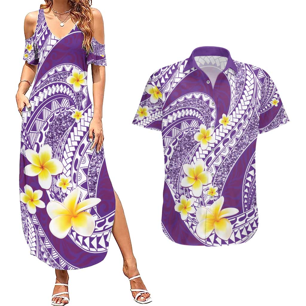 Plumeria Polynesian Purple Glitter Pattern Couples Matching Summer Maxi Dress and Hawaiian Shirt