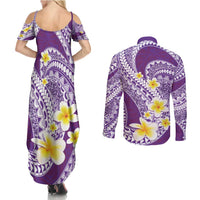 Plumeria Polynesian Purple Glitter Pattern Couples Matching Summer Maxi Dress and Long Sleeve Button Shirt