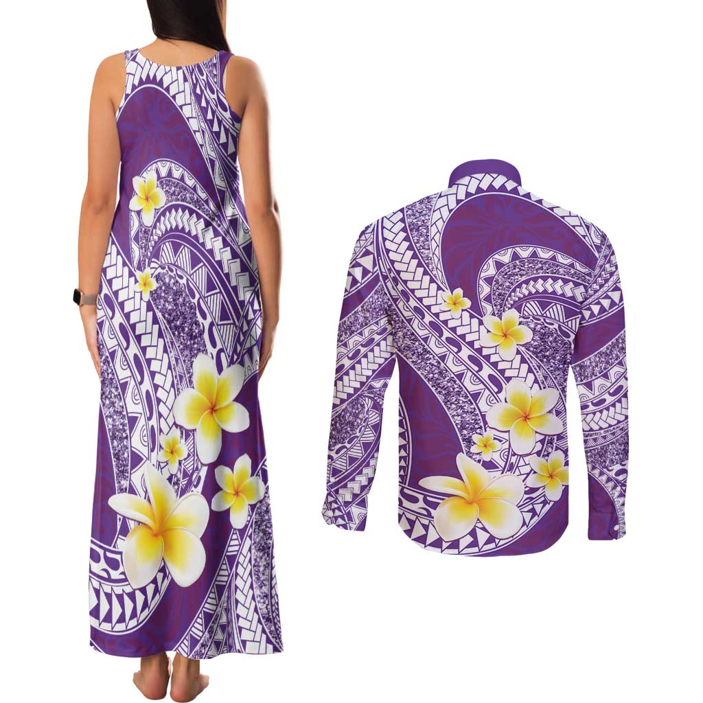 Plumeria Polynesian Purple Glitter Pattern Couples Matching Tank Maxi Dress and Long Sleeve Button Shirt LT01 - Polynesian Pride