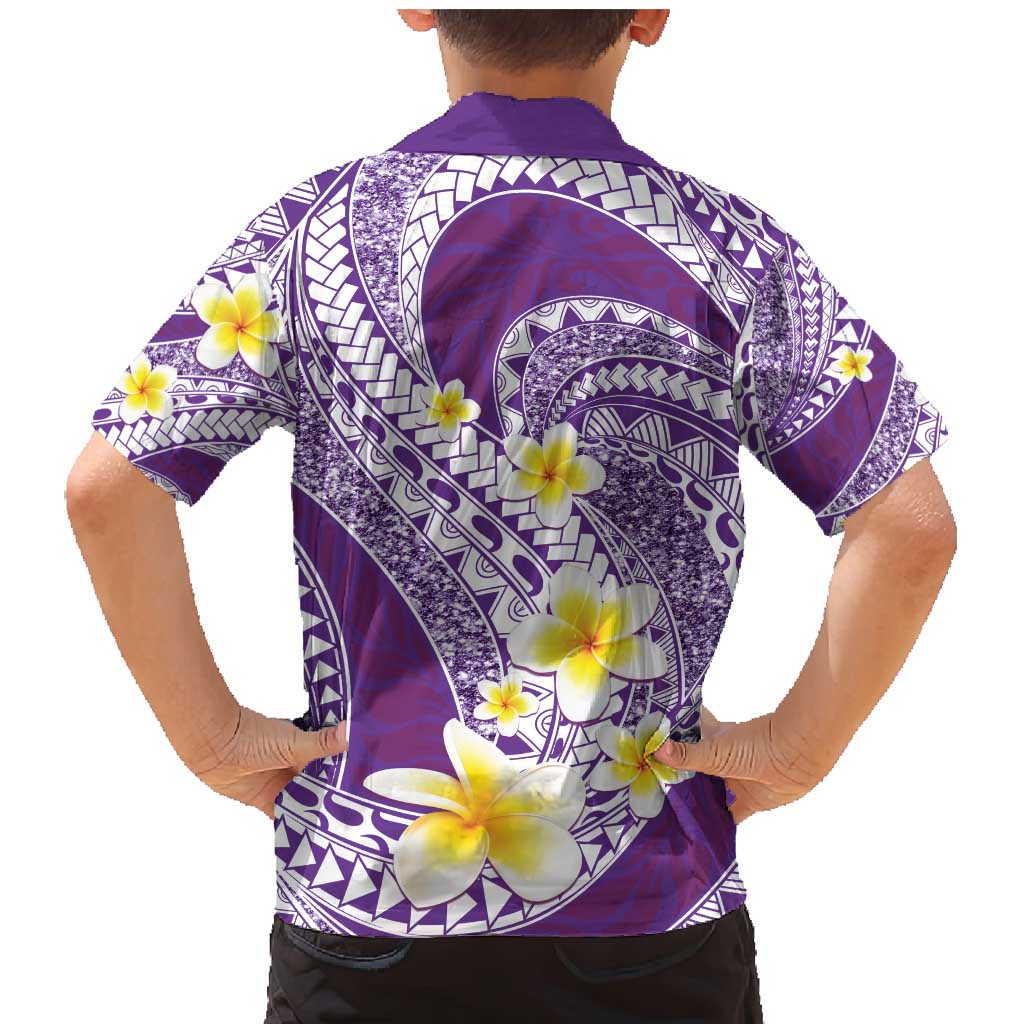 Plumeria Polynesian Purple Glitter Pattern Family Matching Mermaid Dress and Hawaiian Shirt
