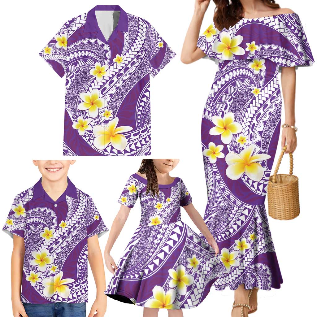 Plumeria Polynesian Purple Glitter Pattern Family Matching Mermaid Dress and Hawaiian Shirt
