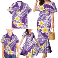 Plumeria Polynesian Purple Glitter Pattern Family Matching Mermaid Dress and Hawaiian Shirt