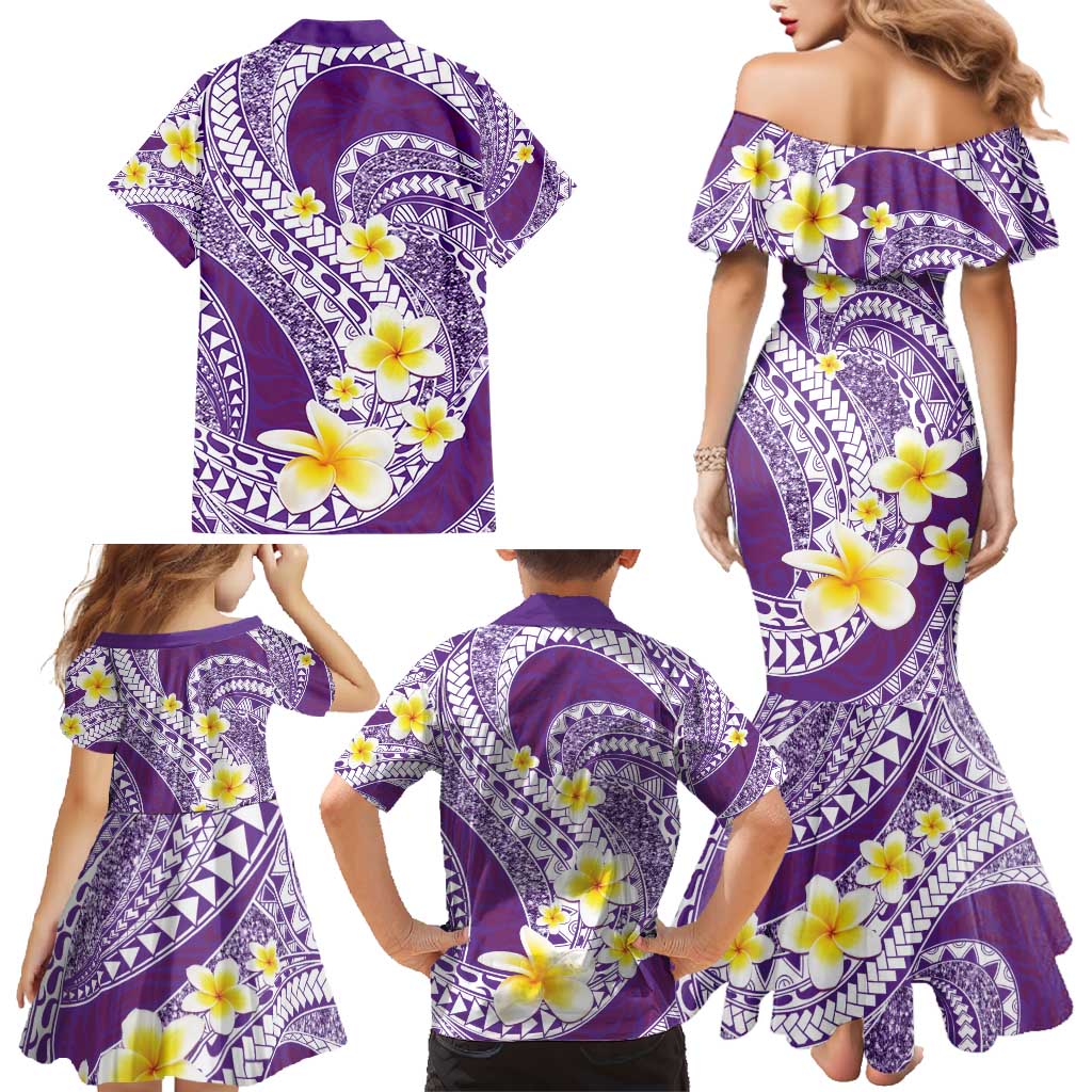 Plumeria Polynesian Purple Glitter Pattern Family Matching Mermaid Dress and Hawaiian Shirt