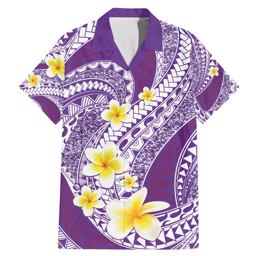 Plumeria Polynesian Purple Glitter Pattern Family Matching Mermaid Dress and Hawaiian Shirt