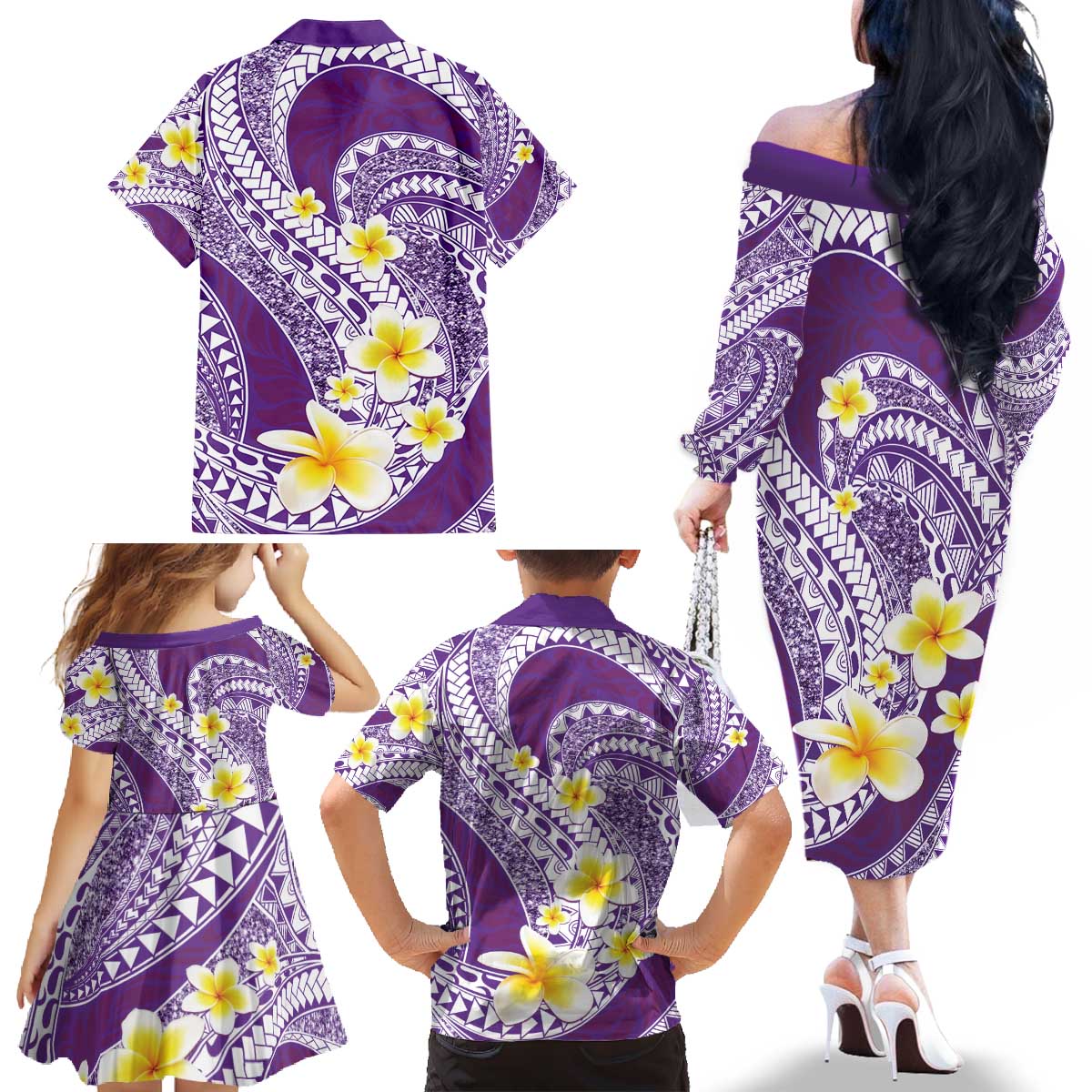 Plumeria Polynesian Purple Glitter Pattern Family Matching Off The Shoulder Long Sleeve Dress and Hawaiian Shirt