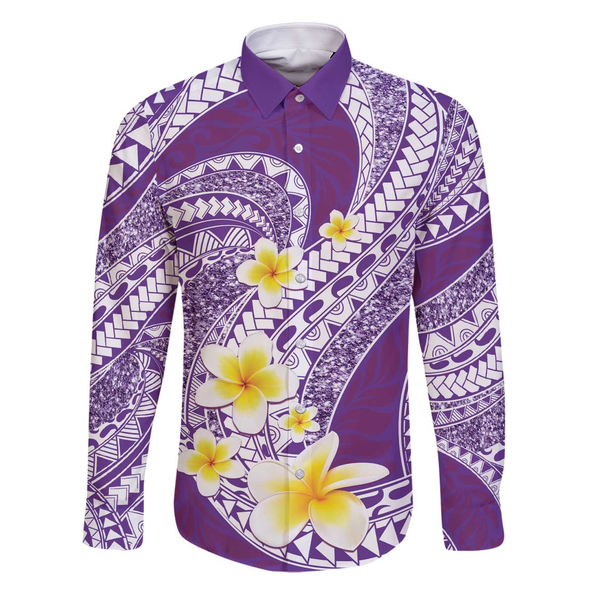Plumeria Polynesian Purple Glitter Pattern Family Matching Off The Shoulder Long Sleeve Dress and Hawaiian Shirt