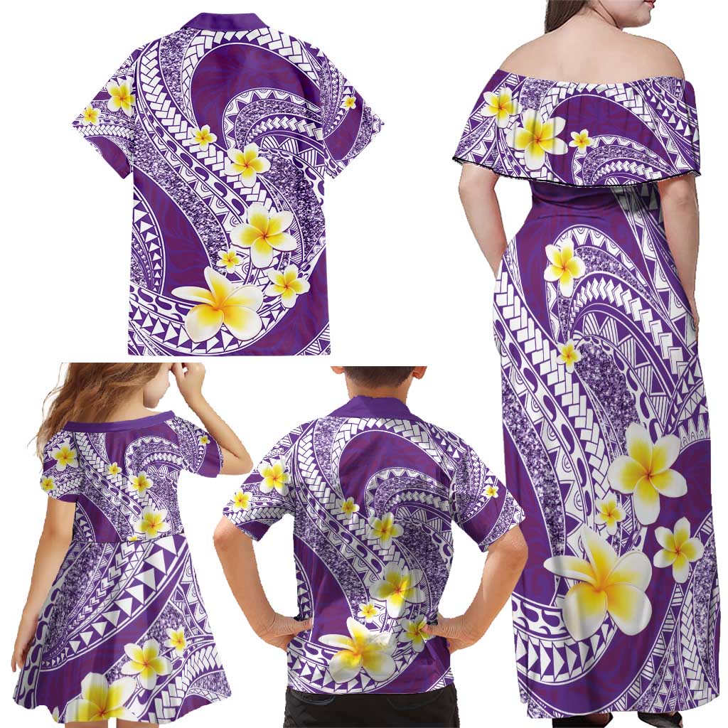 Plumeria Polynesian Purple Glitter Pattern Family Matching Off Shoulder Maxi Dress and Hawaiian Shirt